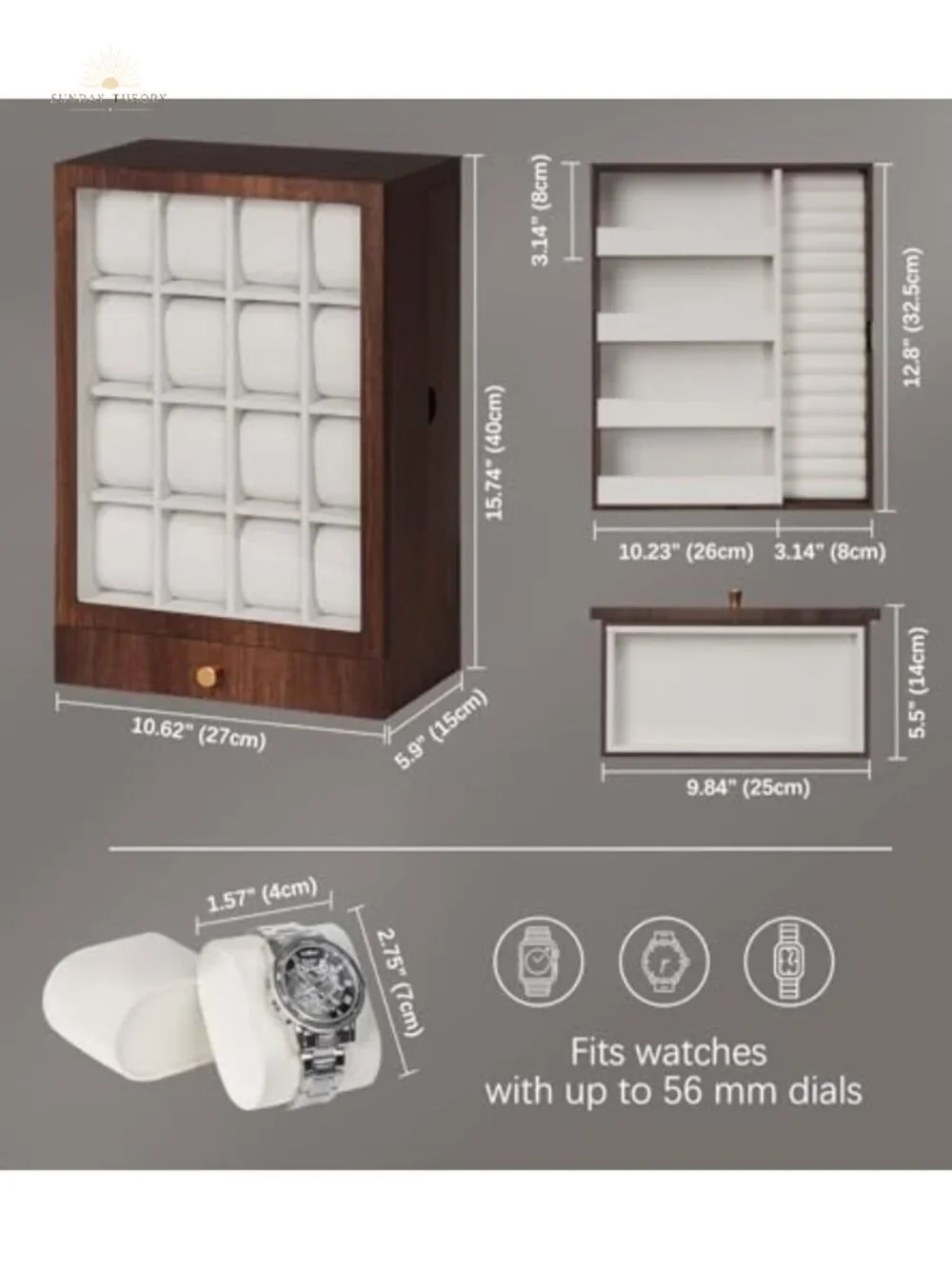 Wooden Watch Box with 16 Slots for Men Jewelry Display Case